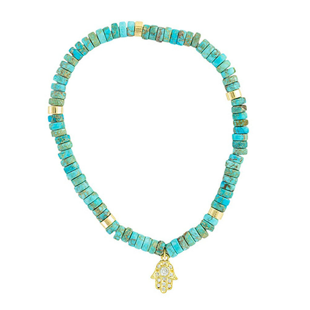 TURQUOISE PAVE HAMSA STACKED DISC BEAD BRACELET - Kingfisher Road - Online Boutique
