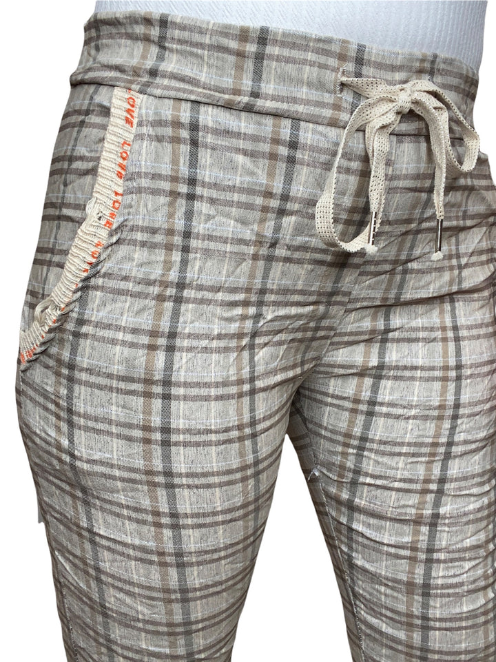 TAUPE PLAID DRAWSTRING PANT - Kingfisher Road - Online Boutique