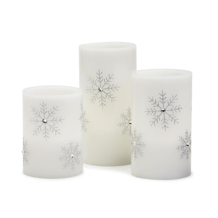 LARGE GLITTERING SNOWFLAKES FLAMELESS PILLAR CANDLES