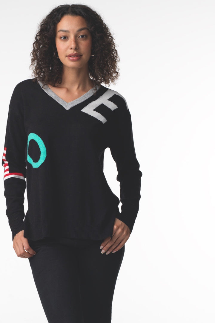 LONG SLEEVE V-NECK LOVE SWEATER - BLACK - Kingfisher Road - Online Boutique