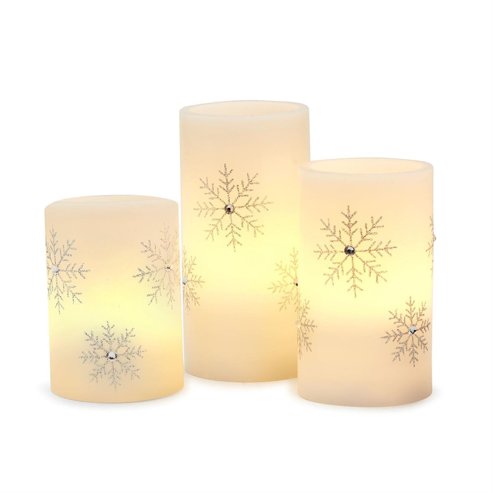 SMALL GLITTERING SNOWFLAKES FLAMELESS PILLAR CANDLES SMALL - Kingfisher Road - Online Boutique