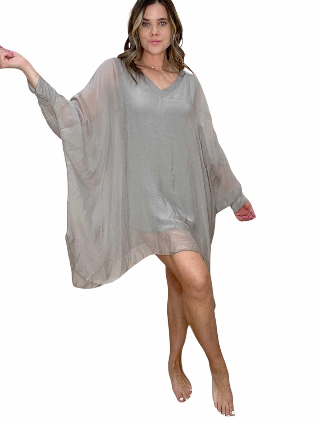 SILK V-NECK LONG TUNIC - TAUPE - Kingfisher Road - Online Boutique