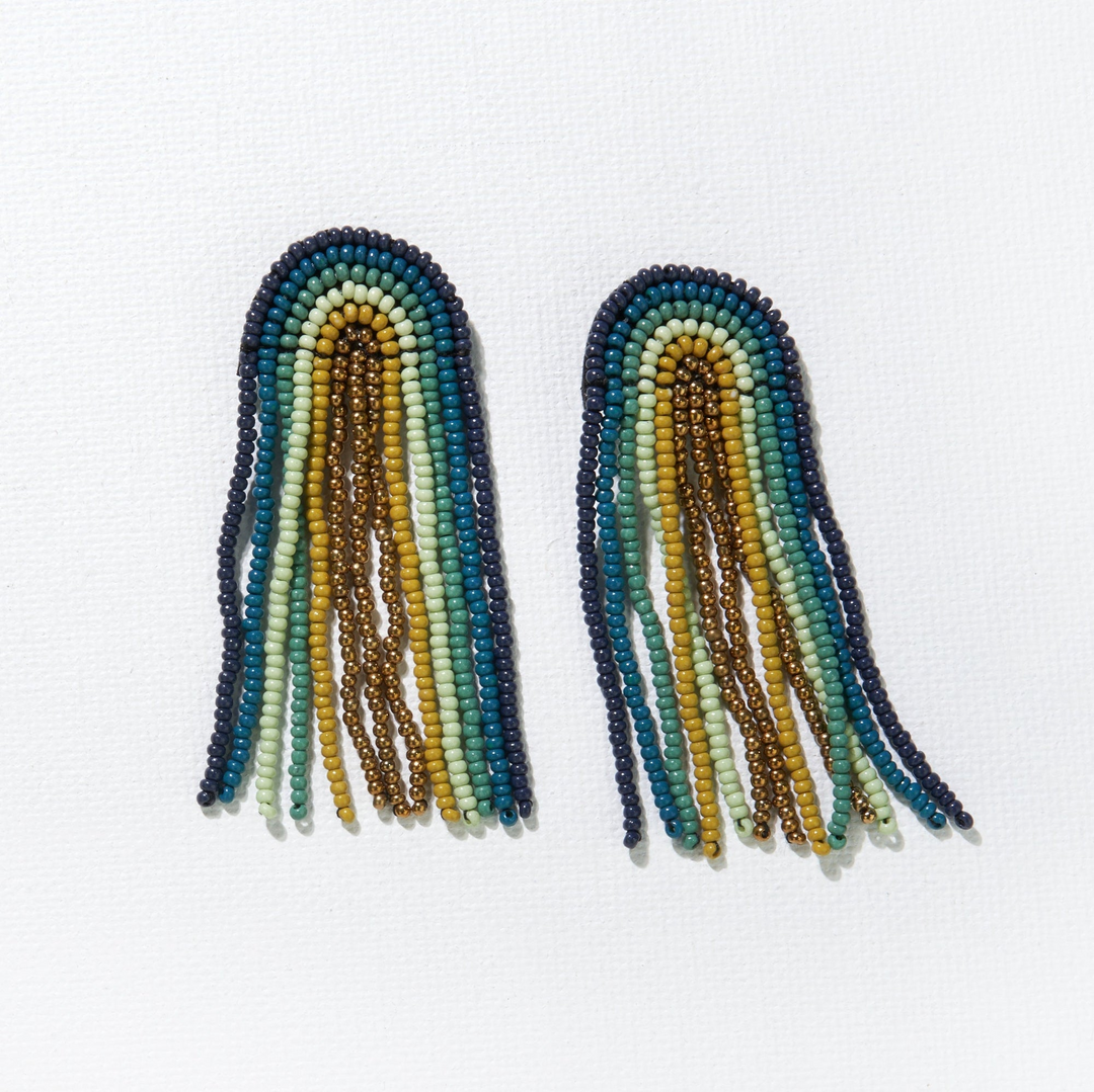 TEAL NAVY RAINBOW FRINGE SEED BEAD EARRING - Kingfisher Road - Online Boutique