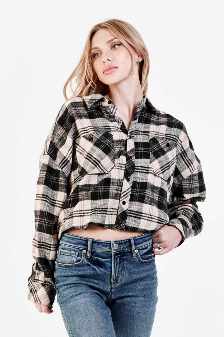 XANDRA LONG SLEEVE TOP - BLACK CREAM PLAID - Kingfisher Road - Online Boutique