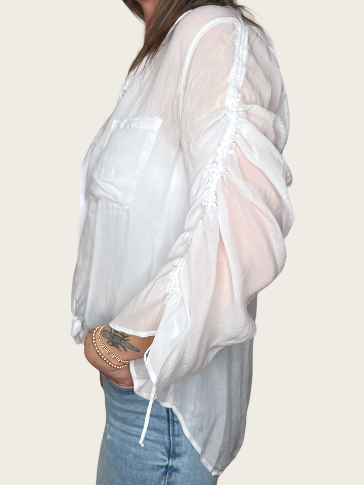 CINCHED SLEEVE BUTTON UP - OPTIC WHITE