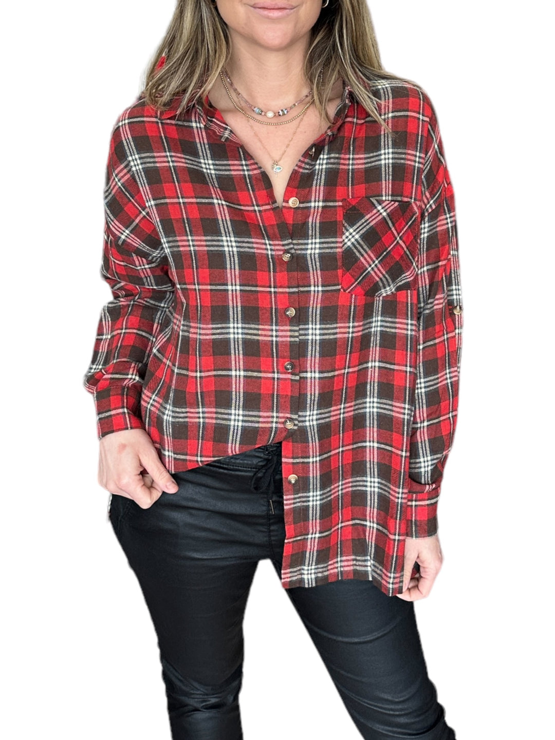 RED BRUSHED CHECKER BUTTON DOWN SHIRT - Kingfisher Road - Online Boutique