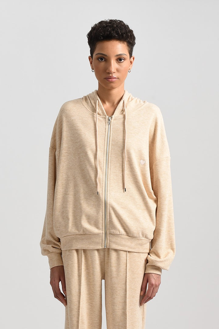 ZIP UP HOODIE W/DRAWSTRING - BEIGE - Kingfisher Road - Online Boutique