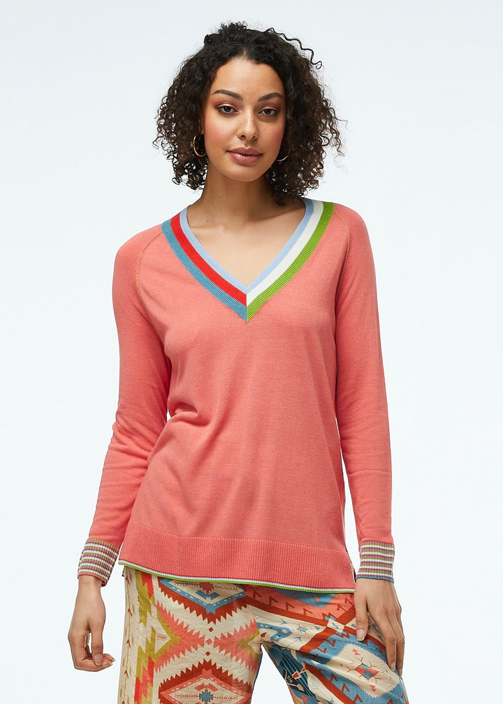 LINEN KNIT V-NECK WITH TRIM - CORAL - Kingfisher Road - Online Boutique