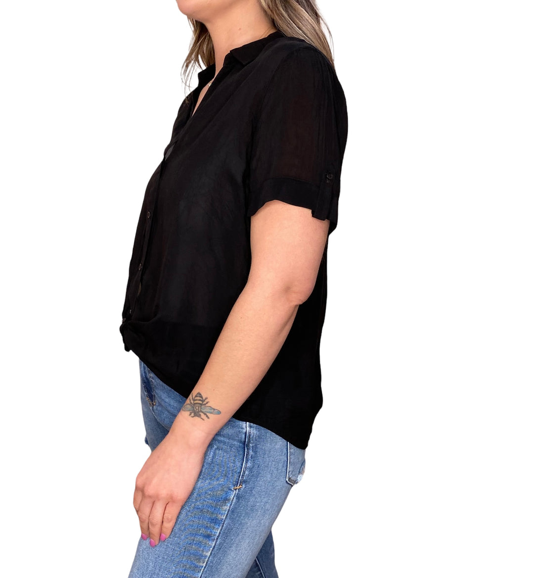 SHORT SLEEVE BUTTON DOWN TOP - BLACK - Kingfisher Road - Online Boutique