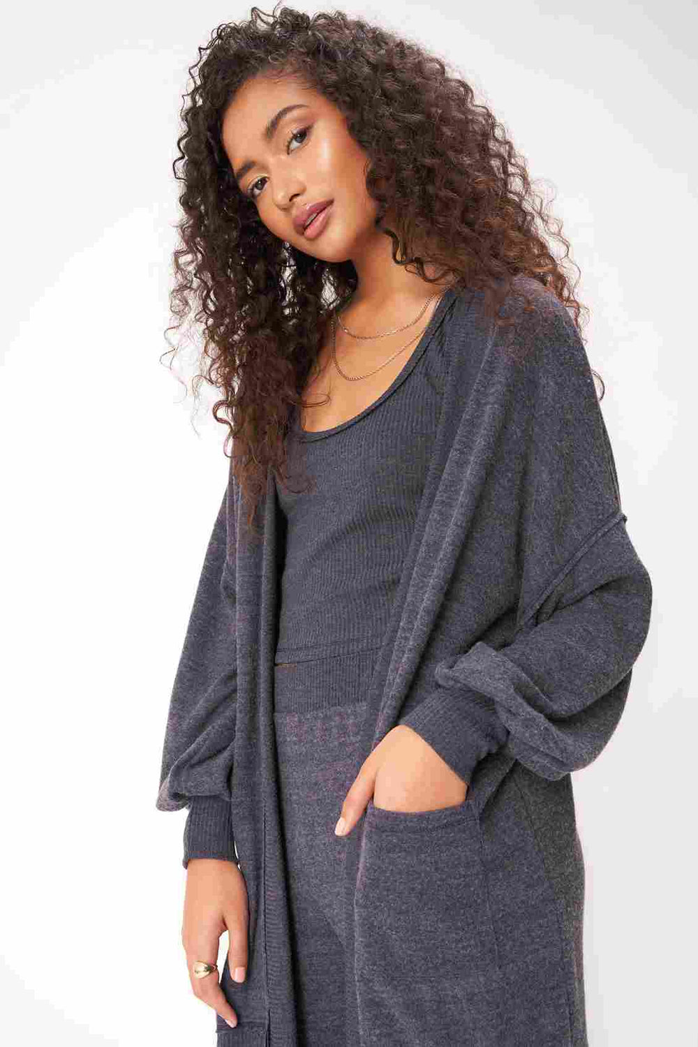 JUST RELAX HEATHERED COZY SEAMED CARDIGAN-H GALAXY BLUE - Kingfisher Road - Online Boutique