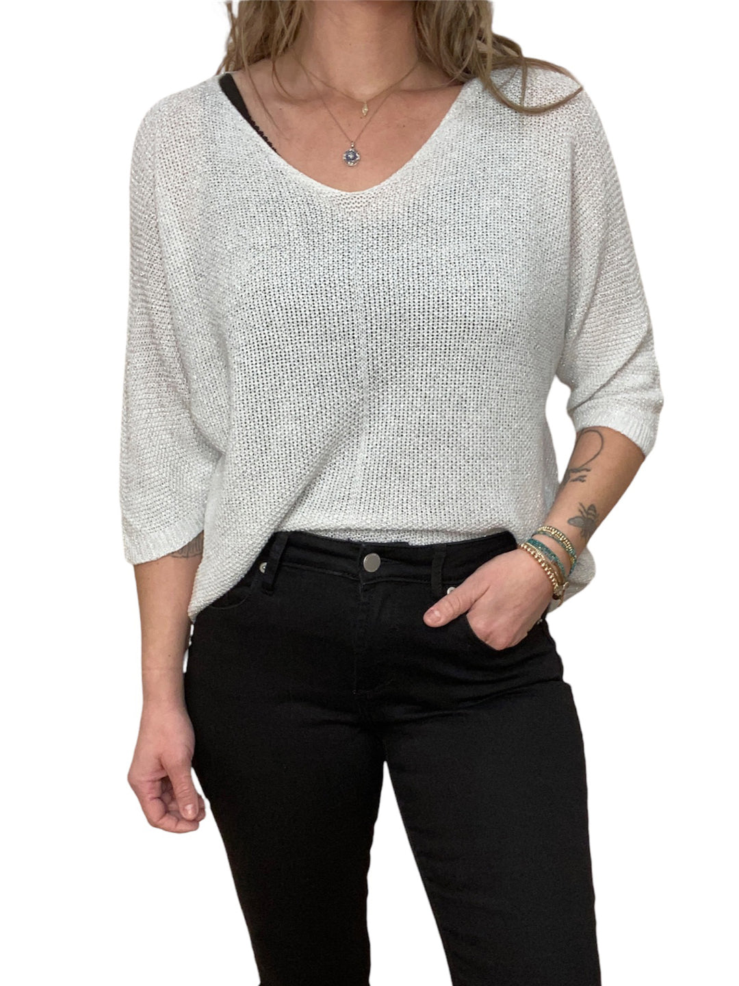 WHITE V-NECK SHIMMER SWEATER - Kingfisher Road - Online Boutique