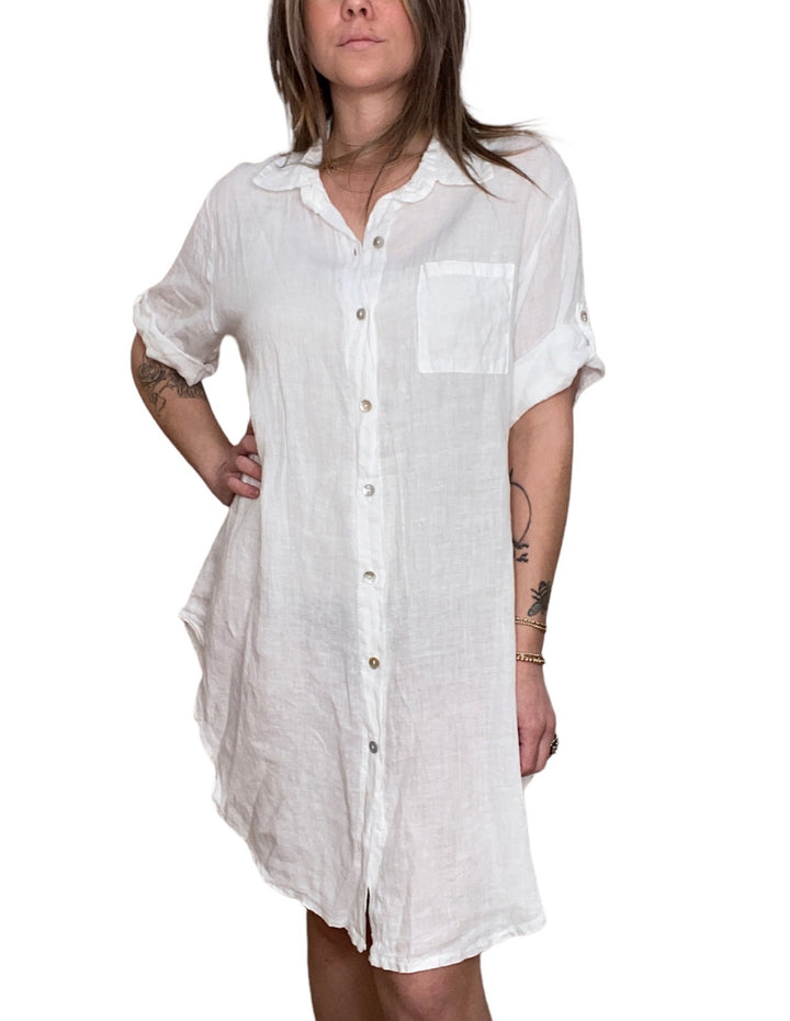 LINEN BUTTON DOWN SHIRT DRESS WHITE - Kingfisher Road - Online Boutique
