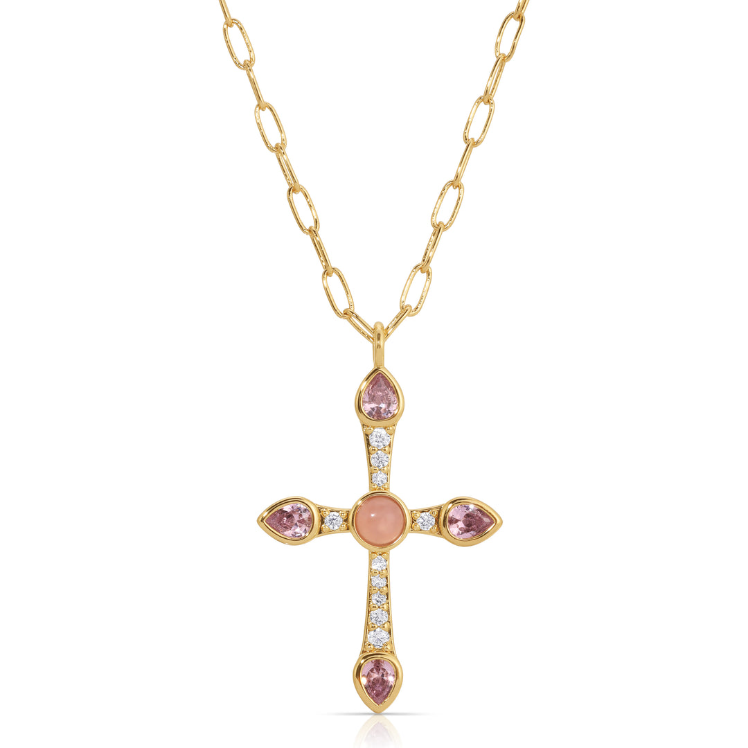 CAMILLE CROSS NECKLACE-PINK OPAL - Kingfisher Road - Online Boutique