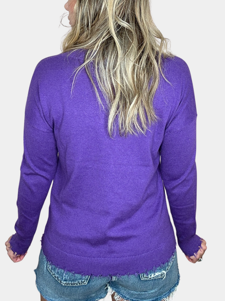 DISTRESSED VNECK SWEATER - PURPLE - Kingfisher Road - Online Boutique