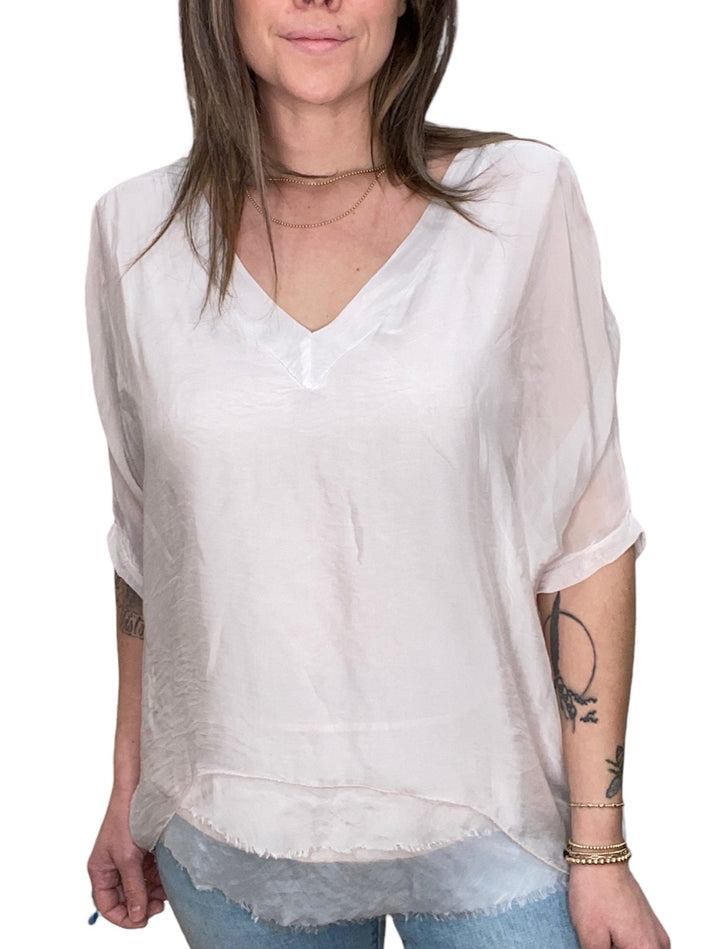ROSE SILK V-NECK RUFFLE TOP - Kingfisher Road - Online Boutique