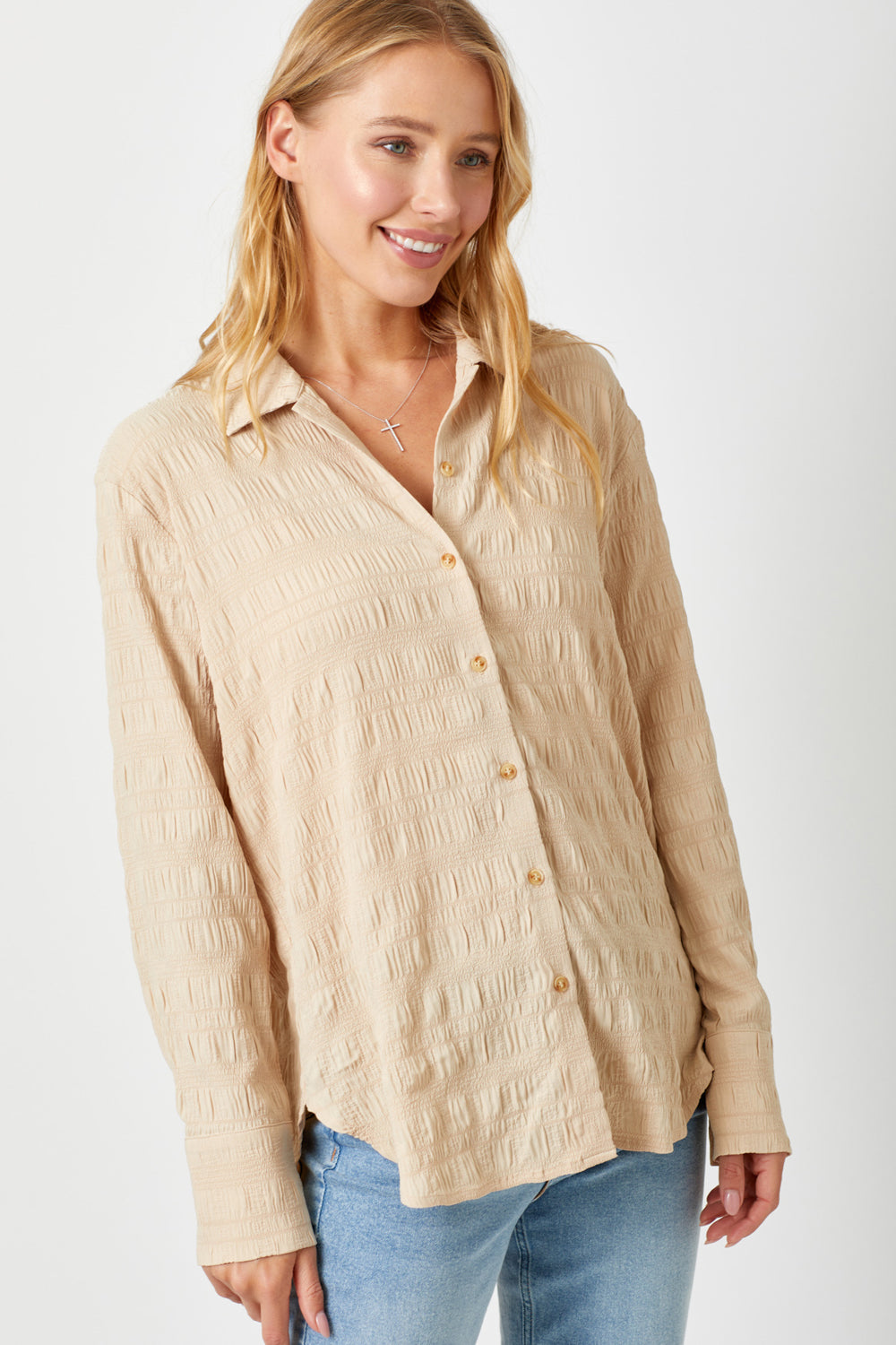 TEXTURED STRIPE BUTTONDOWN SHIRT-ALMOND - Kingfisher Road - Online Boutique