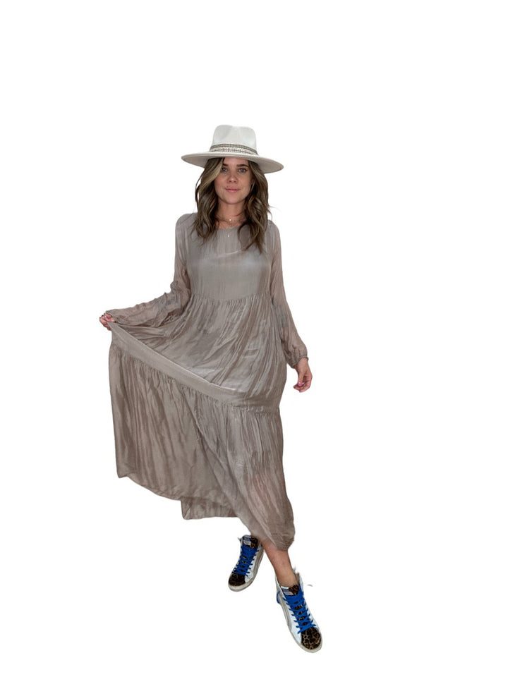 LONG SLEEVE SILK MAXI DRESS - TAUPE - Kingfisher Road - Online Boutique