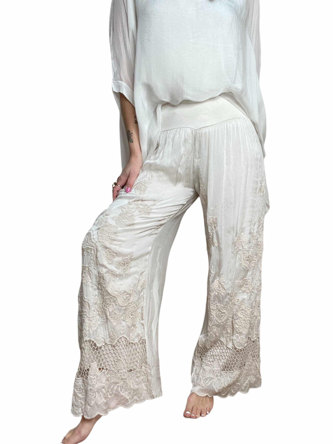 SILK EMBROIDERED PALAZZO PANTS - BEIGE - Kingfisher Road - Online Boutique