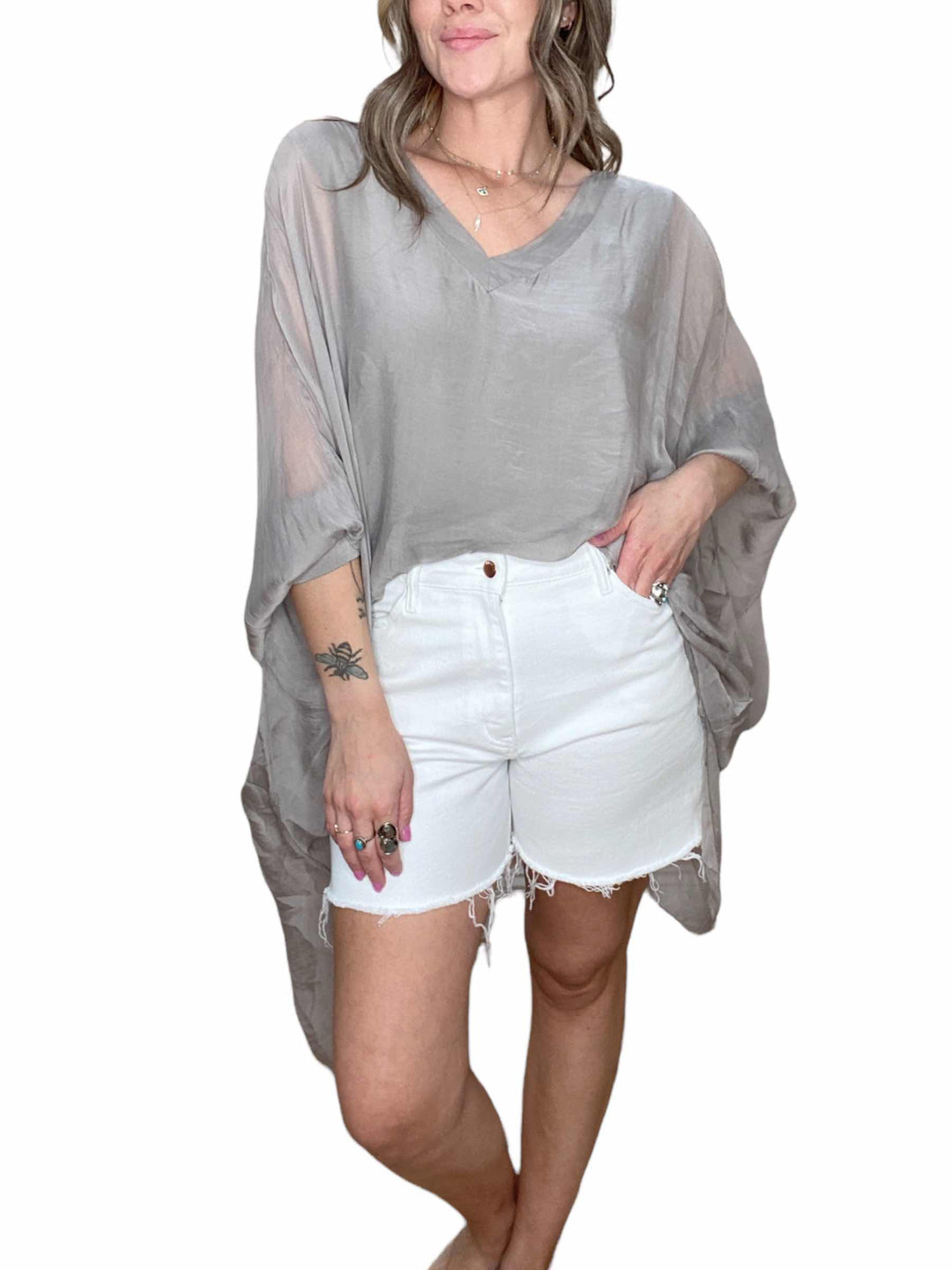 SILK V-NECK LONG TUNIC - TAUPE - Kingfisher Road - Online Boutique
