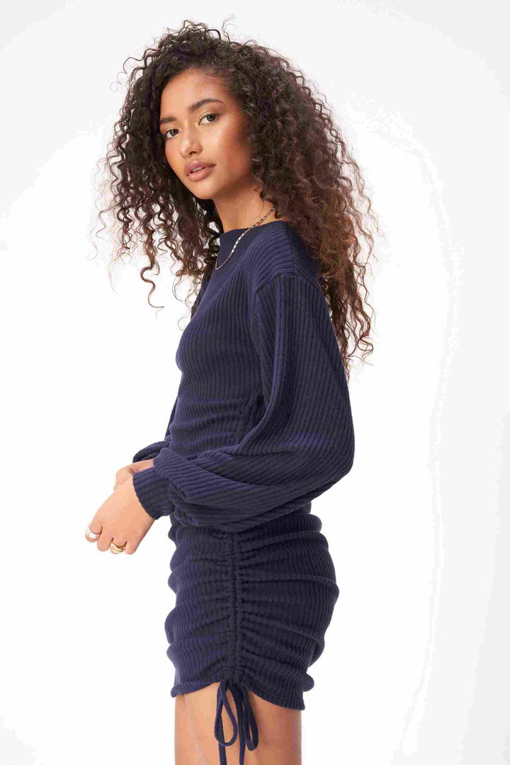 BENDITA RUCHED SIDE COZY RIB DRESS-GALAXY BLUE - Kingfisher Road - Online Boutique