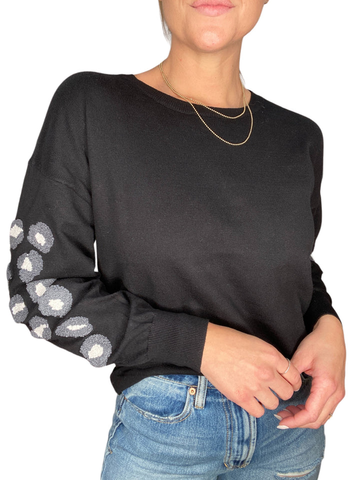 BLACK LEOPARD PRINT SLEEVE SWEATER - Kingfisher Road - Online Boutique