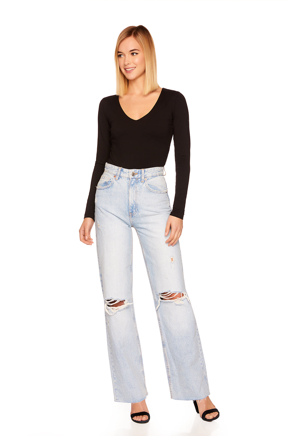 SEXY V-NECK LONG SLEEVE TOP-BLACK - Kingfisher Road - Online Boutique