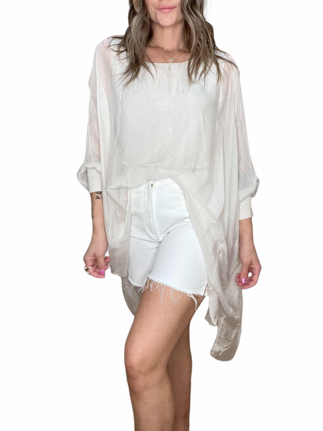 SILK ROUND NECK LONG TUNIC - BEIGE - Kingfisher Road - Online Boutique