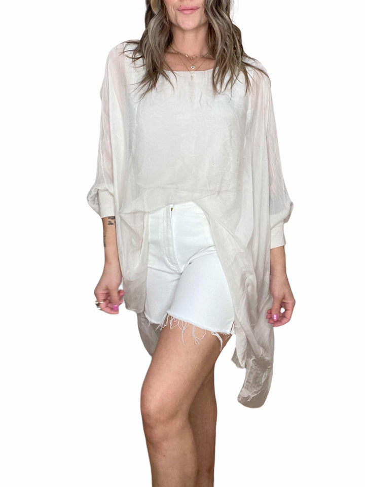 SILK ROUND NECK LONG TUNIC - BEIGE - Kingfisher Road - Online Boutique