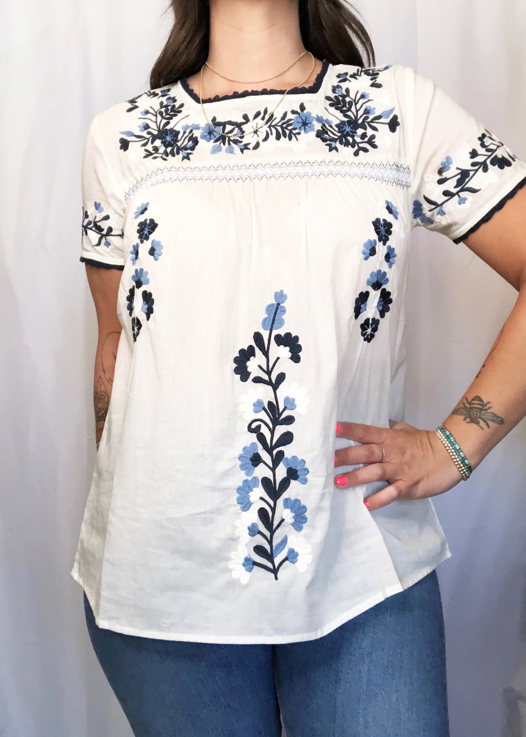 White/Blue Embroidered Short Sleeve Top