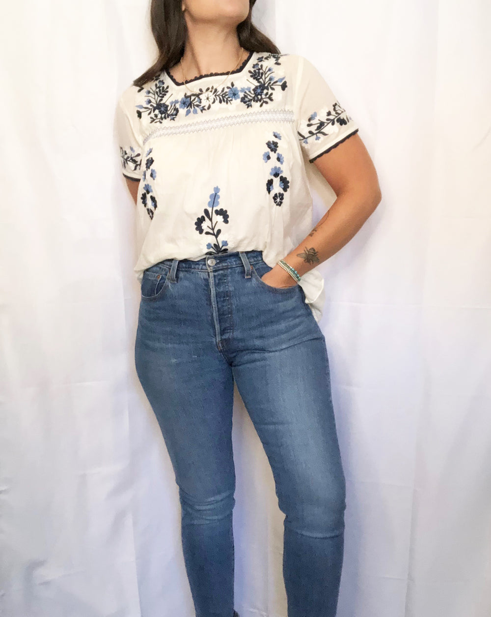 White/Blue Embroidered Short Sleeve Top - Kingfisher Road - Online Boutique