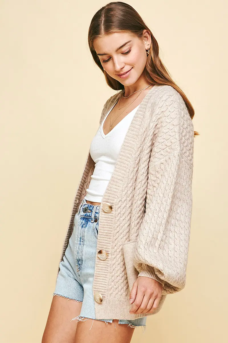 OATMEAL BUTTON FRONT CABLE KNIT CARDIGAN - Kingfisher Road - Online Boutique