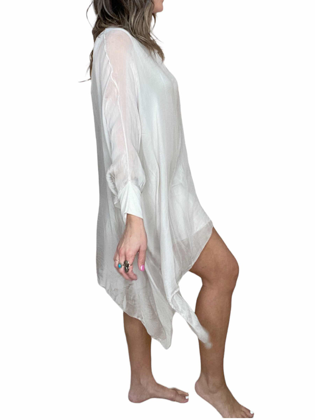 SILK ROUND NECK LONG TUNIC - BEIGE - Kingfisher Road - Online Boutique