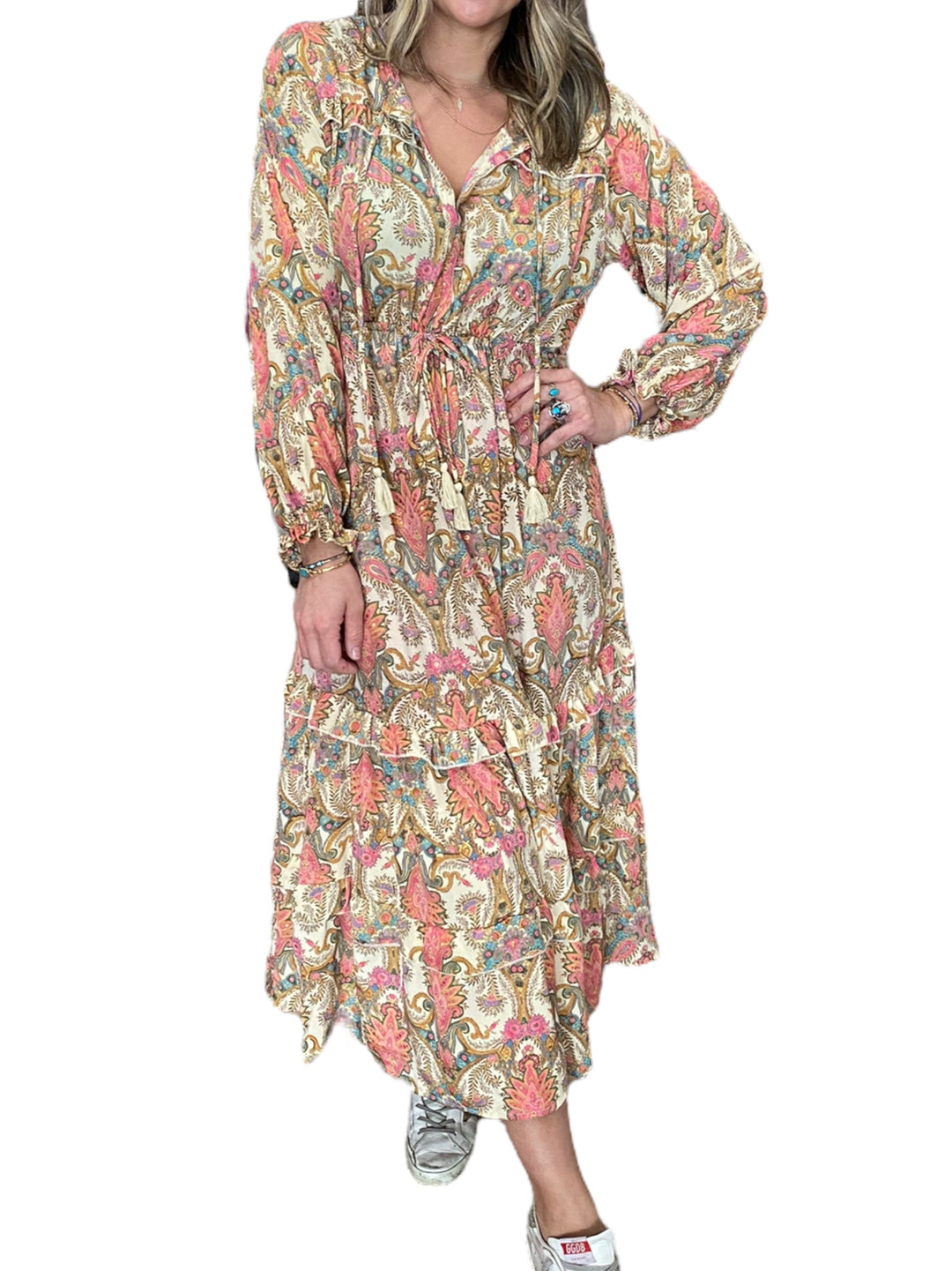 CREAM LONG SLEEVE BOHO DRESS - Kingfisher Road - Online Boutique