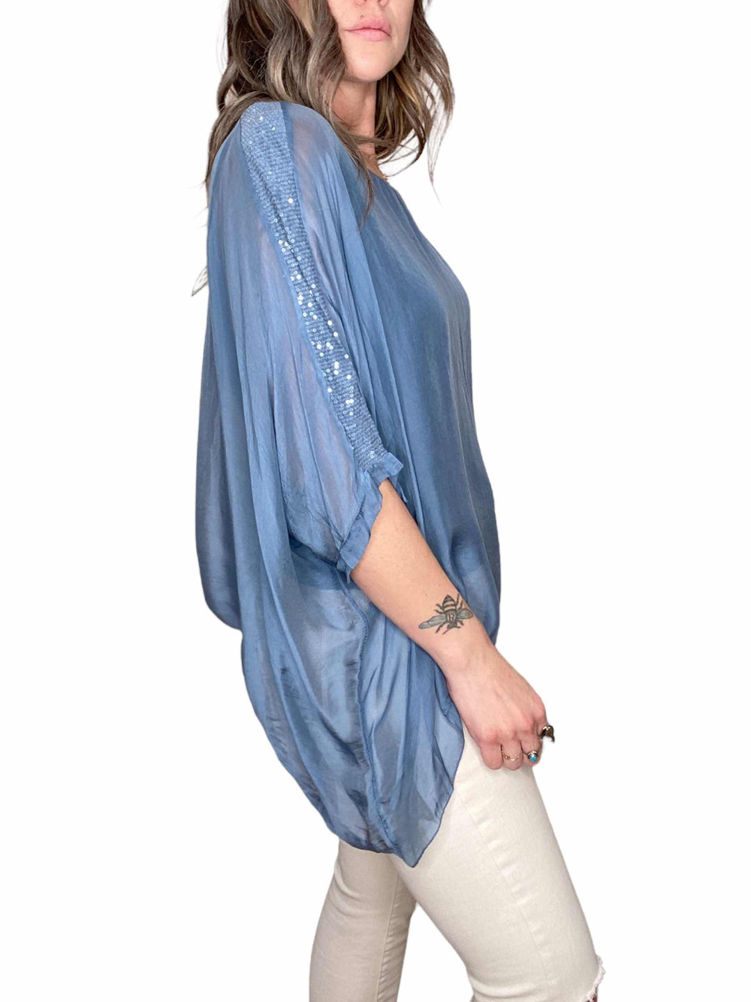 SILK CLASSIC SEQUIN TOP - DENIM - Kingfisher Road - Online Boutique