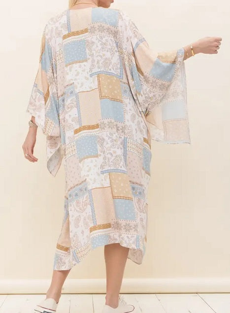 PATCHWORK PRINT KIMONO-SAGE/TAUPE - Kingfisher Road - Online Boutique