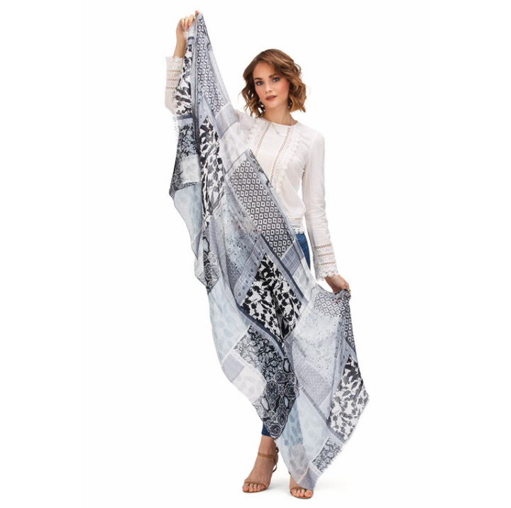 BLUE MIXED PRINT SCARF WITH EYELASH FRINGE - Kingfisher Road - Online Boutique