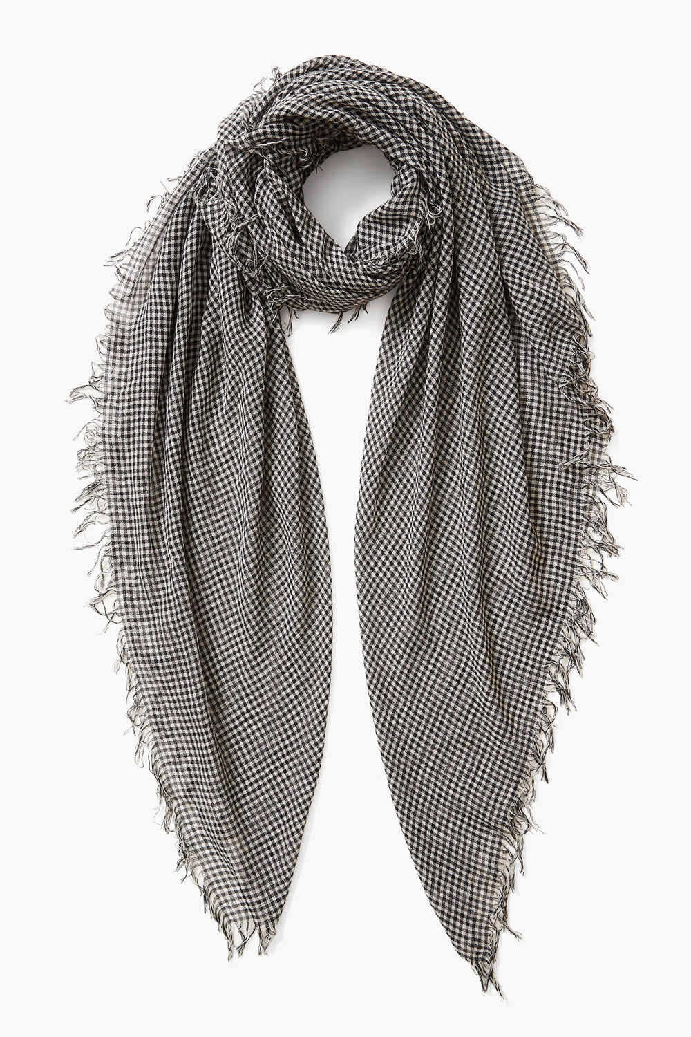 SILK GINGHAM SCARF WITH TWISTED FRINGE EDGES - BLACK - Kingfisher Road - Online Boutique