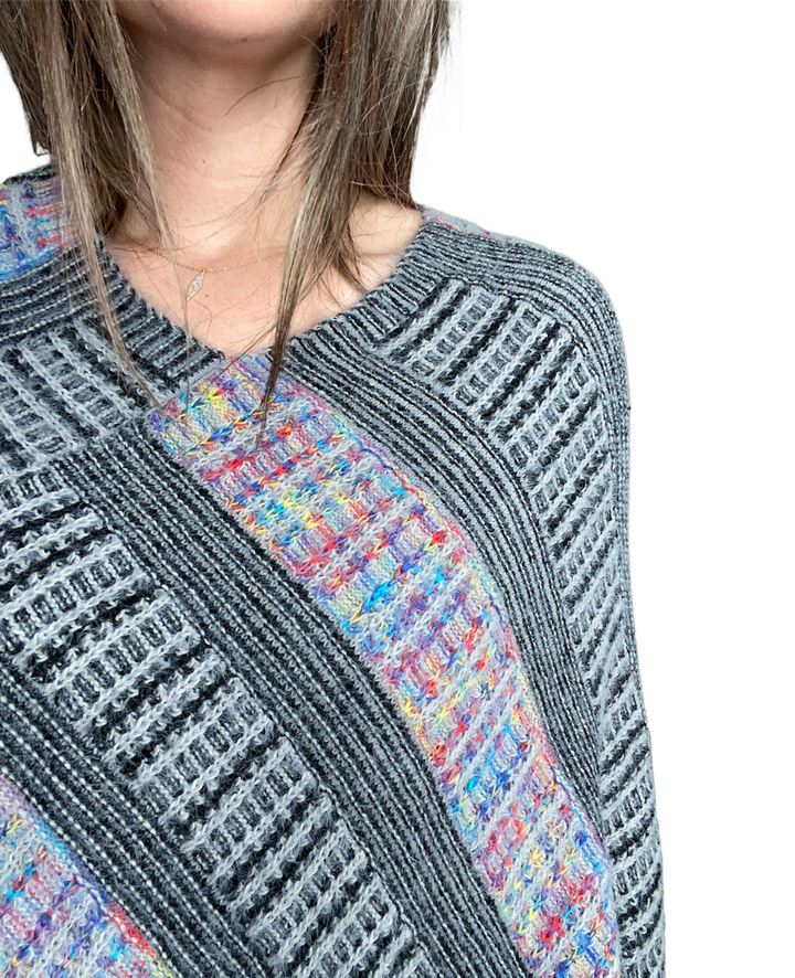 GREY FURRY KNIT STRIPE PONCHO - Kingfisher Road - Online Boutique