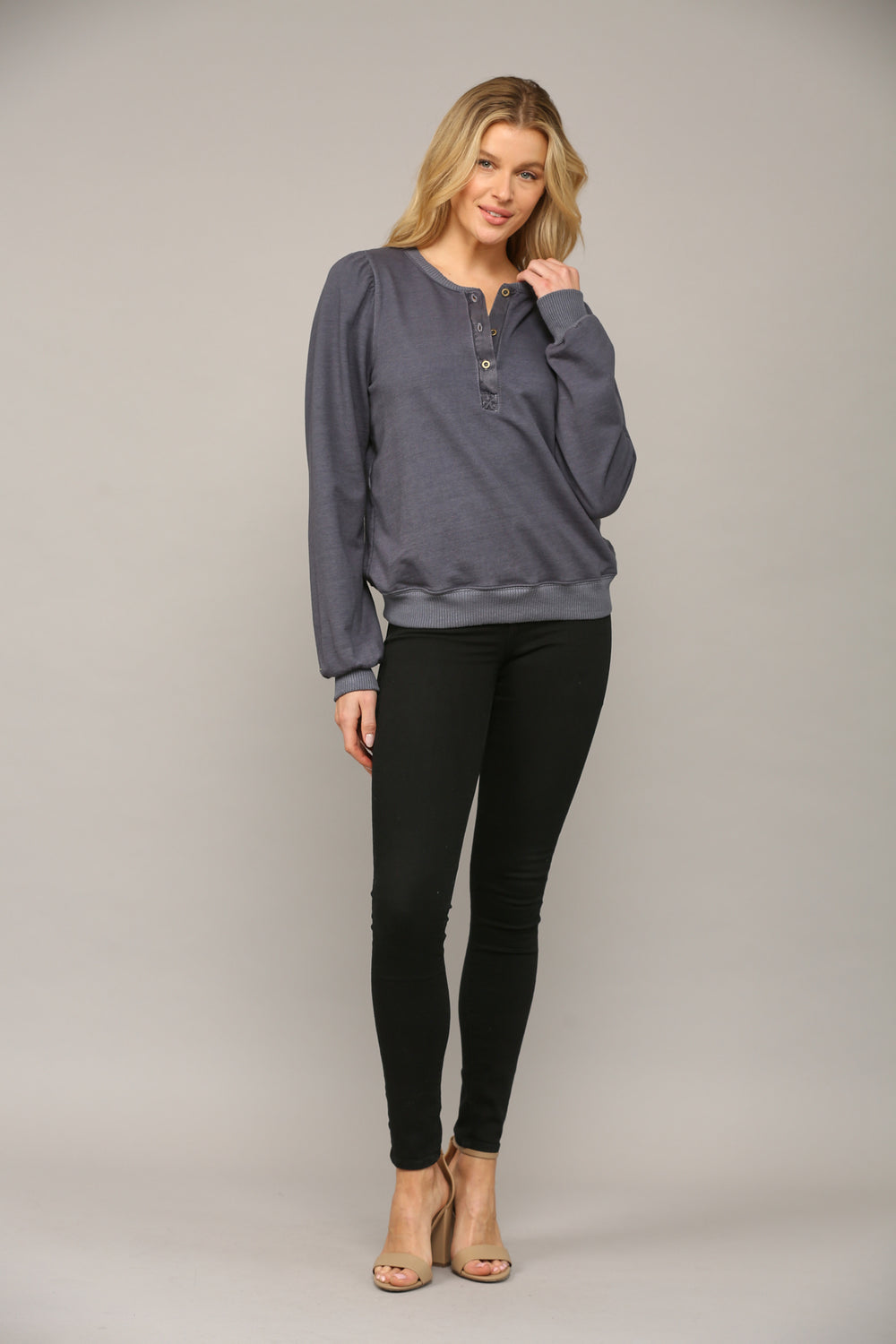 LONG SLEEVE BUTTON SWEATER - ZINC - Kingfisher Road - Online Boutique