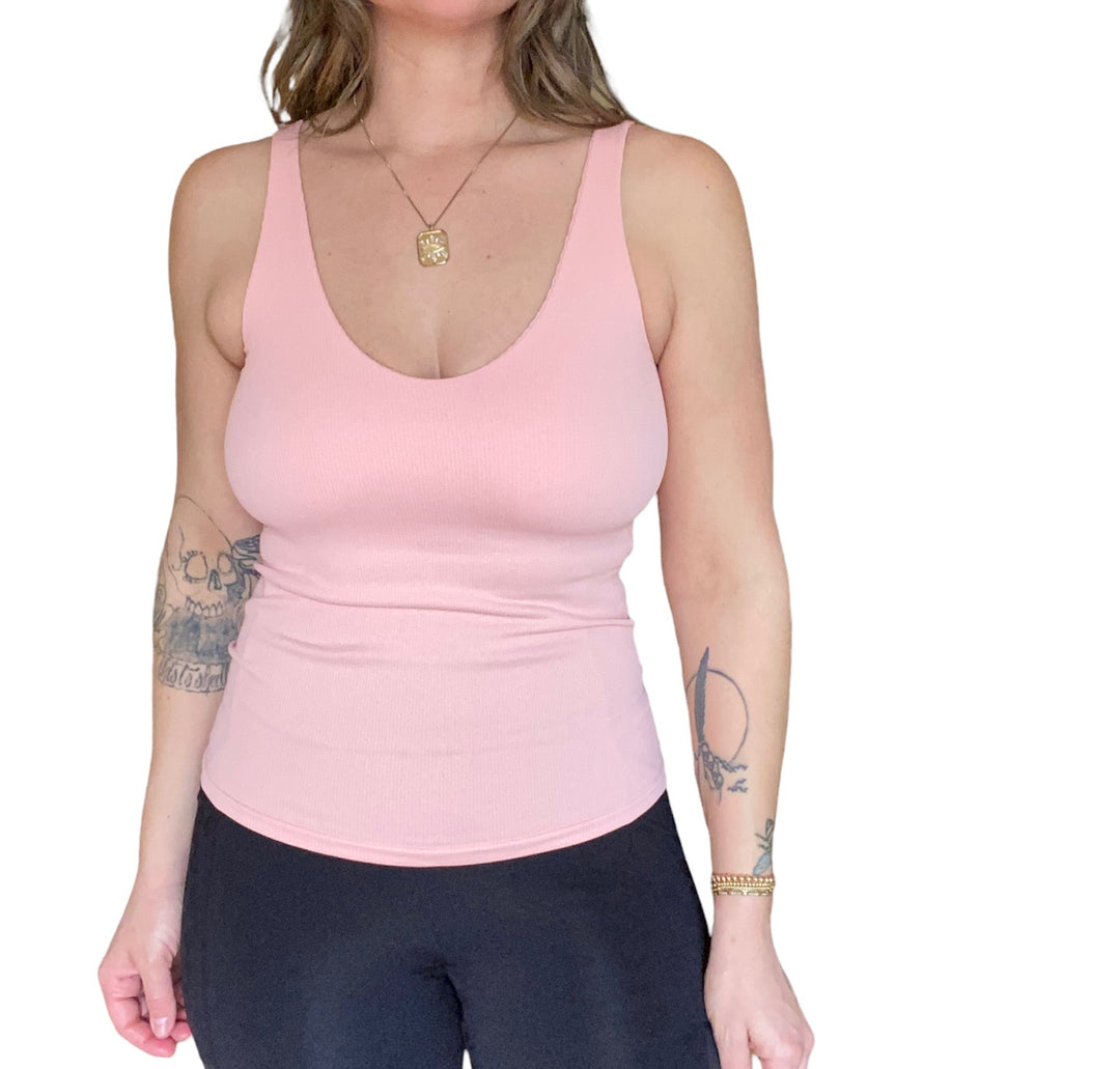 PINK DOUBLE V-NECK BUILT-IN-BRA TANK - Kingfisher Road - Online Boutique