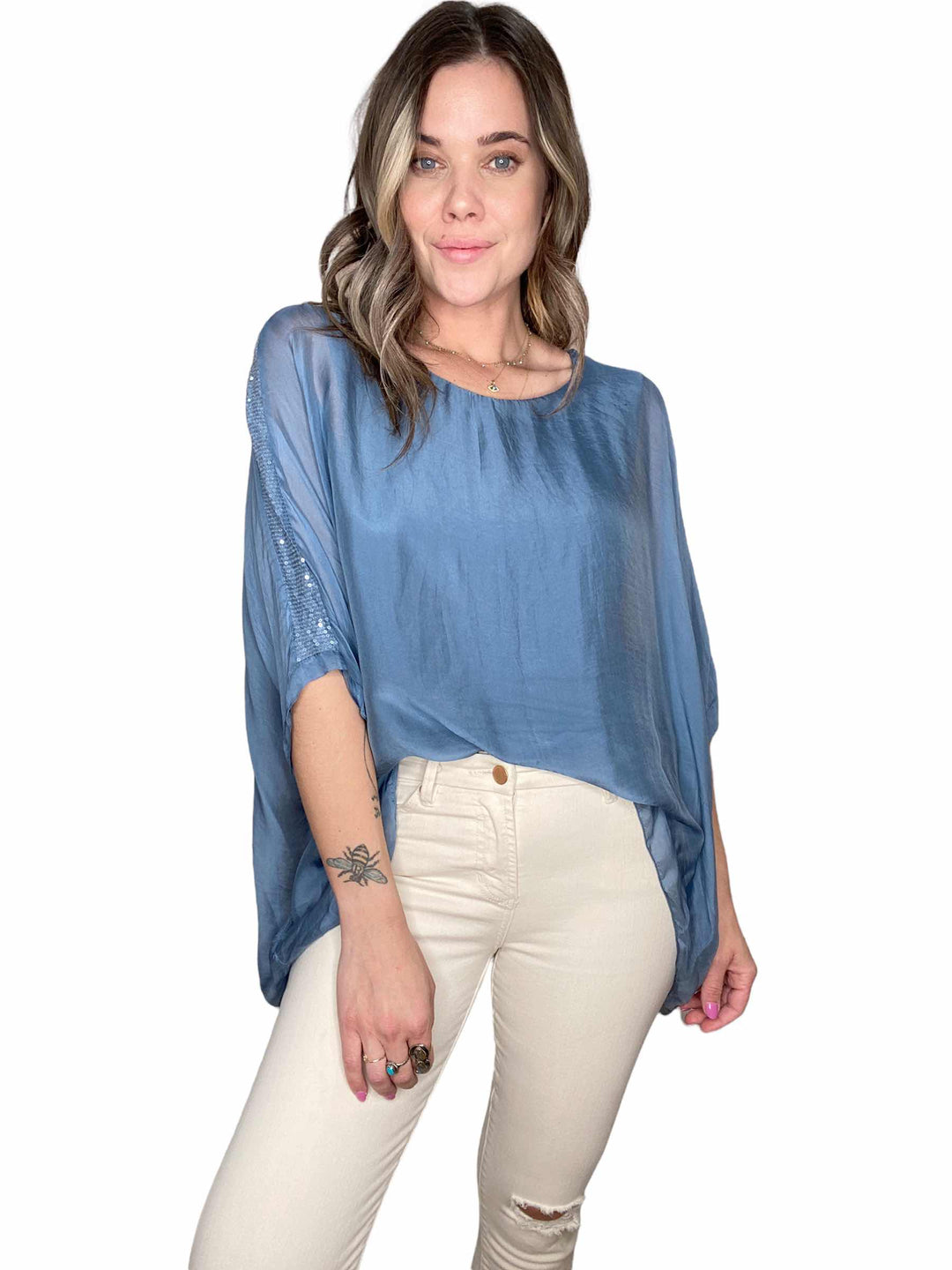 SILK CLASSIC SEQUIN TOP - DENIM - Kingfisher Road - Online Boutique