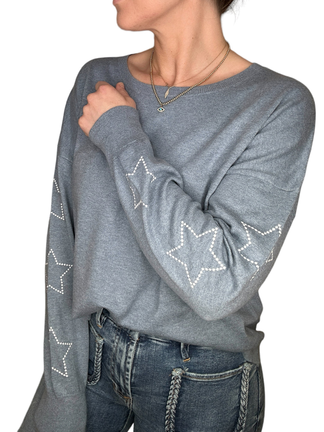 EMBROIDERED STAR SLEEVE SWEATER-CHAMBRAY