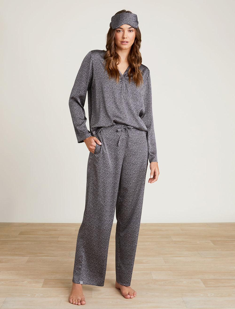 WASHED SATIN EYE MASK PJ SET-DOVE GRAY MULTI - Kingfisher Road - Online Boutique