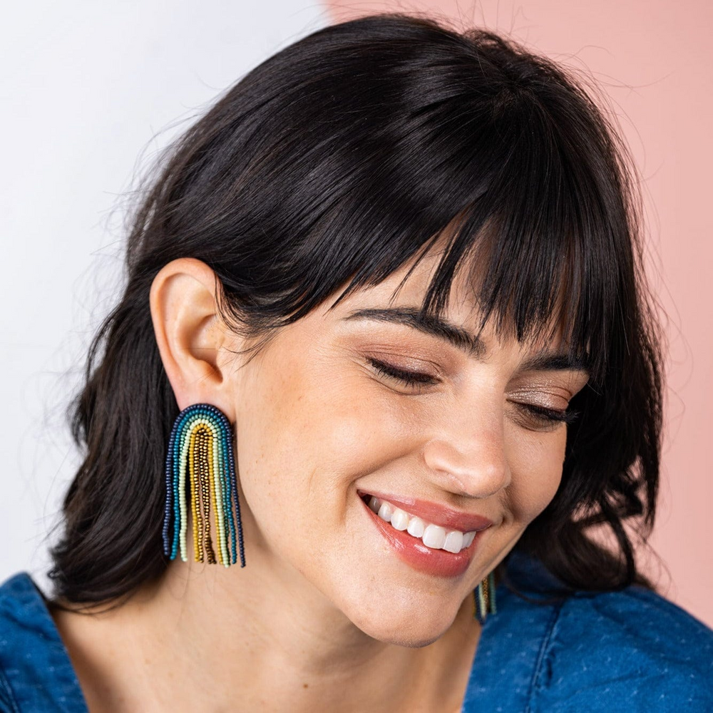 TEAL NAVY RAINBOW FRINGE SEED BEAD EARRING - Kingfisher Road - Online Boutique