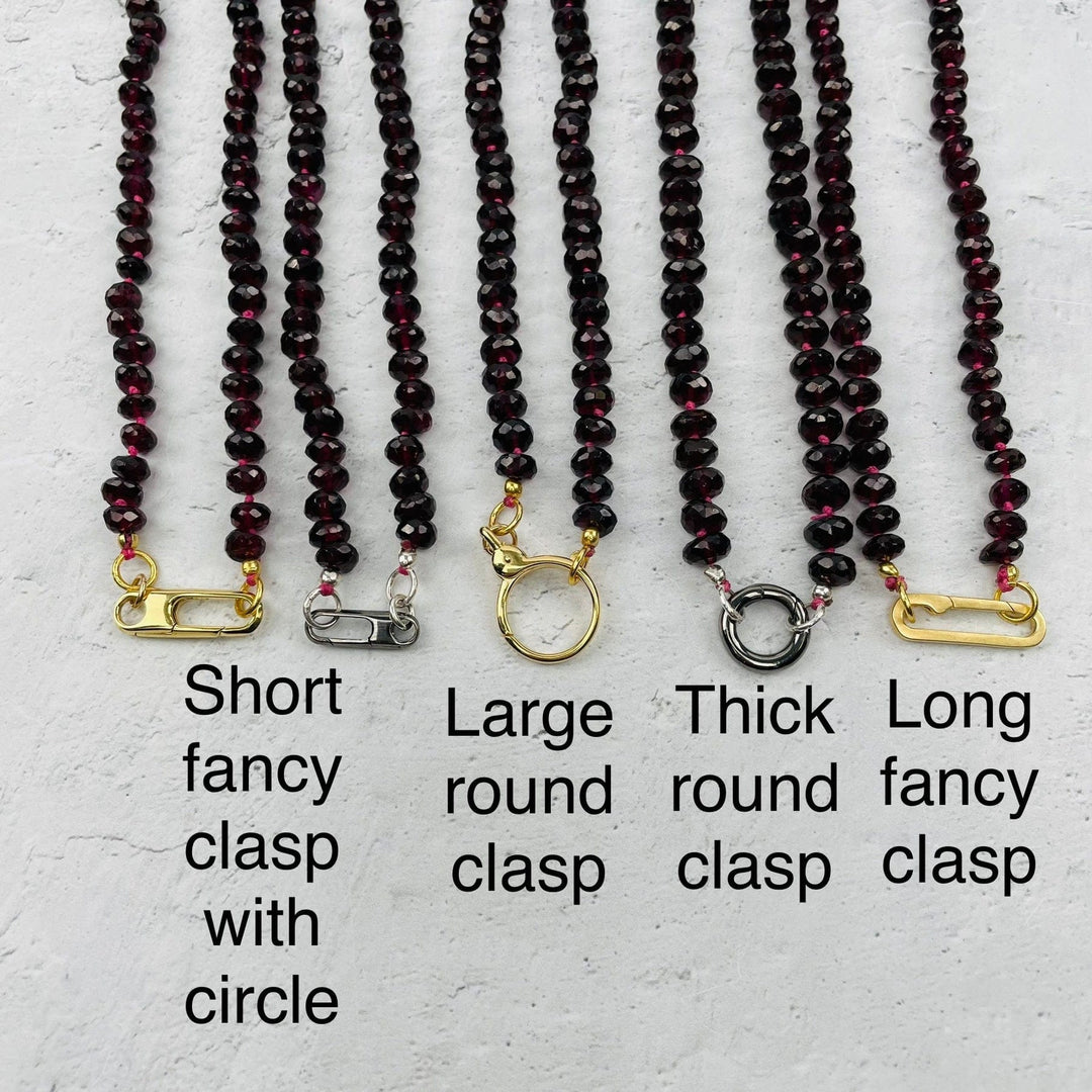 18" GARNET CANDY NECKLACE LONG CLASP W/ CIRCLE-GOLD