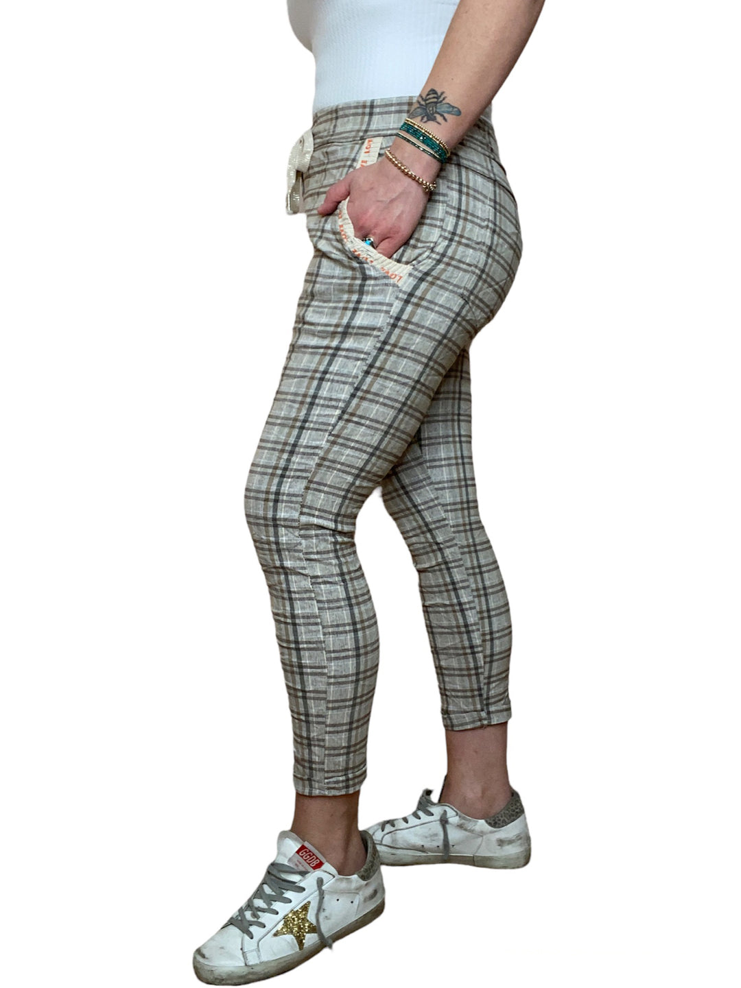 TAUPE PLAID DRAWSTRING PANT - Kingfisher Road - Online Boutique