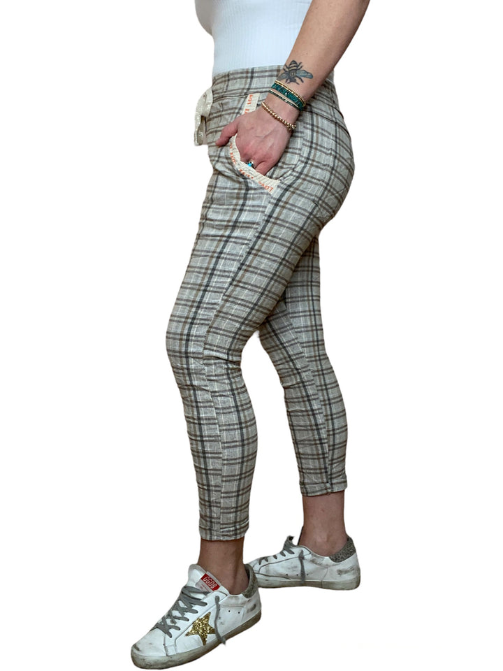 TAUPE PLAID DRAWSTRING PANT - Kingfisher Road - Online Boutique