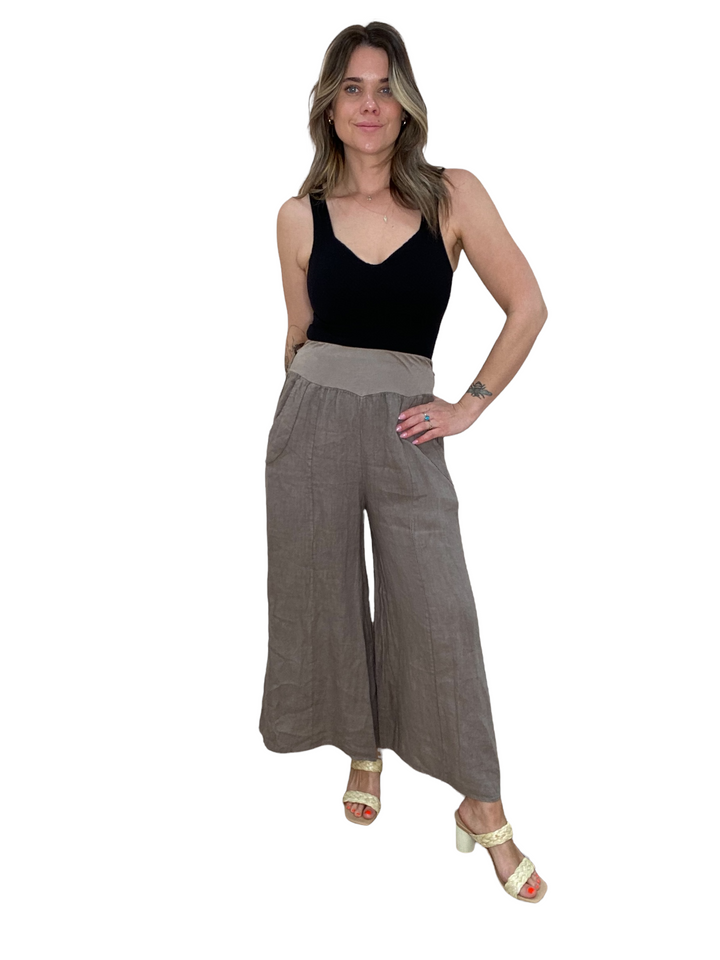 BELTED LINEN PALAZZO PANTS - TAUPE - Kingfisher Road - Online Boutique