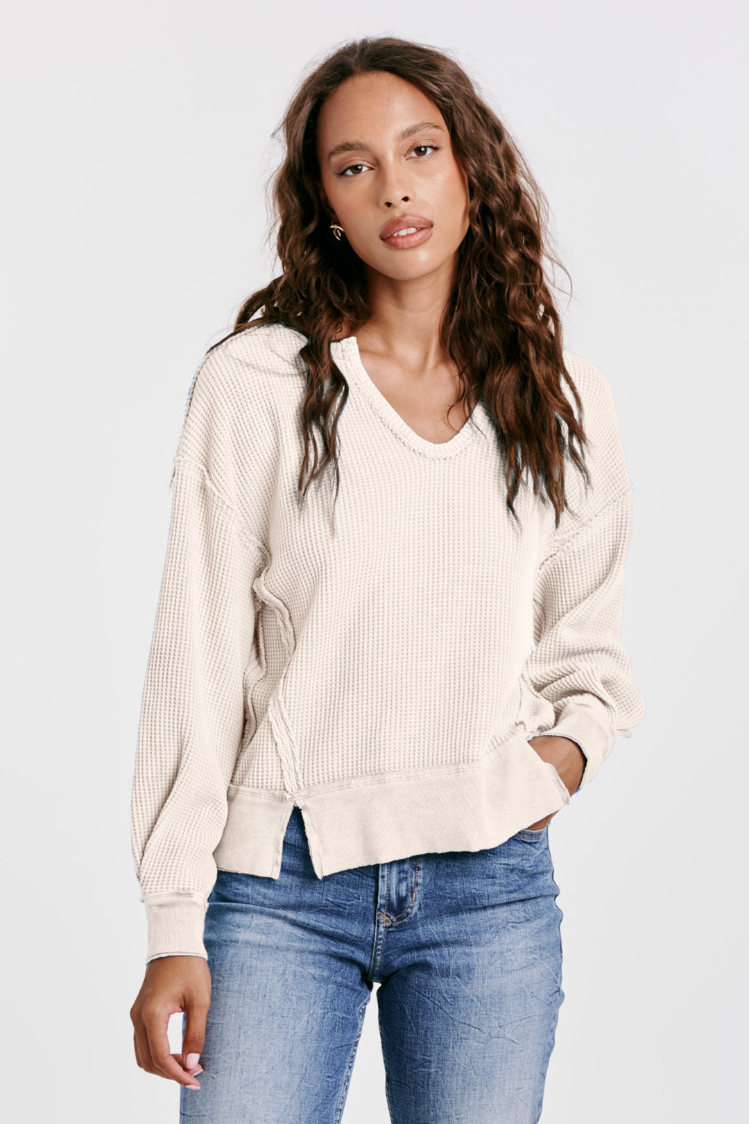 ZYRA V NECK LONG SLEEVE TOP-CREAM - Kingfisher Road - Online Boutique