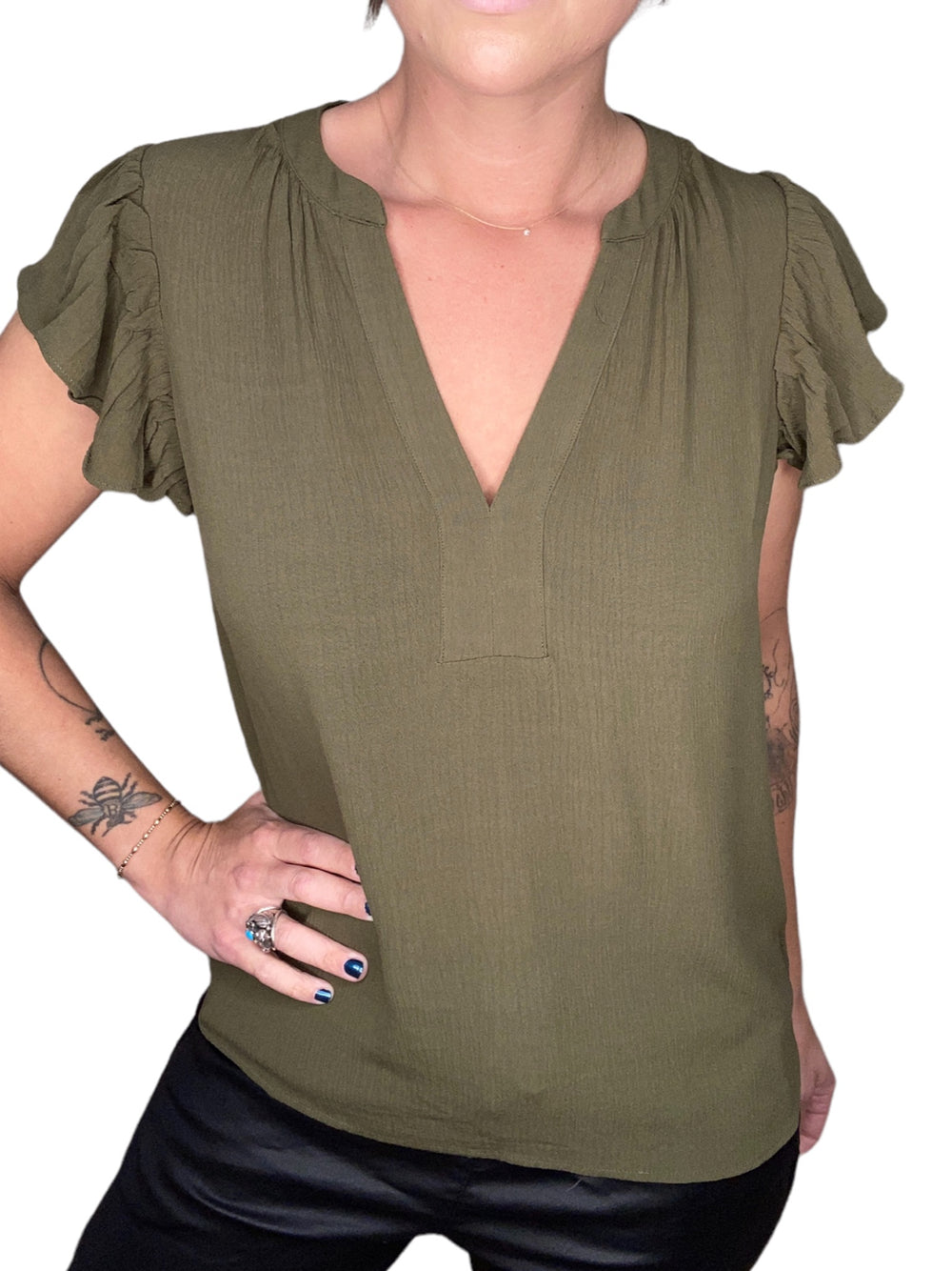 QUAY V-NECK RUFFLE SLEEVE TOP -  OLIVE - Kingfisher Road - Online Boutique